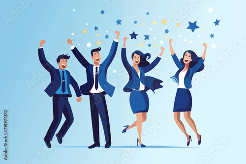 Business graphic vector modern style illustration of a business person in a workplace environment showing success celebrating a win contract raise job project pitch city finance law