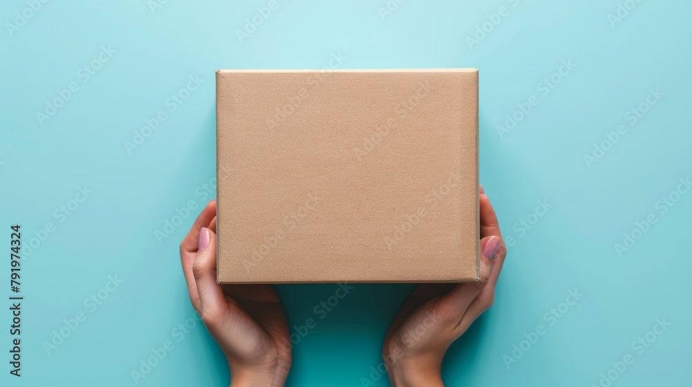Top View of Hand Holding Cardboard Box on Blue Background Generative AI Top View of Hand Holding Cardboard Box on Blue Background Generative AI