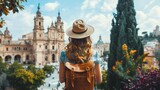 Young Backpacker Admiring Cathedral in Spanish Old Town Generative AI