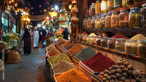 A bustling market in Morocco with a variety of spices and other goods for sale.