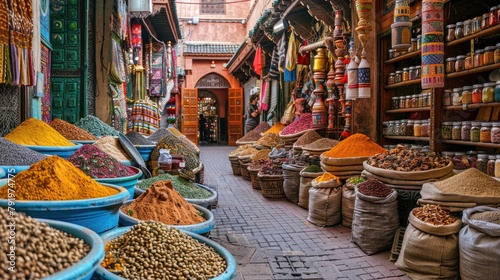 A bustling Moroccan souk with colorful spices and textiles. photo