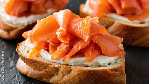 Toast with cream cheese and salmon breakfast food concept (ID: 791974981)