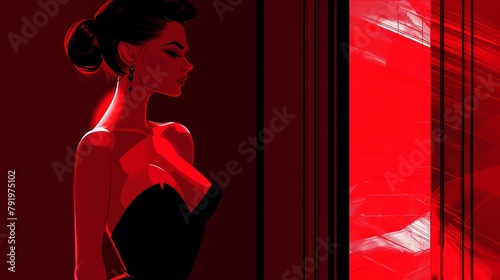  A woman in a black dress stands before a red wall With one hand on her hip and eyes closed, she appears thoughtful