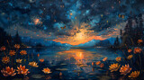 Nighttime Oasis: Oil Painting of Serene Lakeside with Vibrant Floral and Celestial Reflections