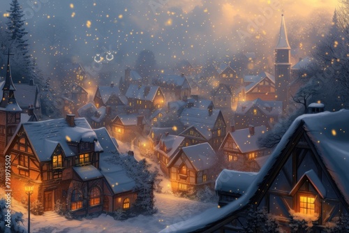 This illustration depicts a magical winter night in a quaint village  with snow-covered rooftops and warmly lit windows inviting a festive spirit. Resplendent.