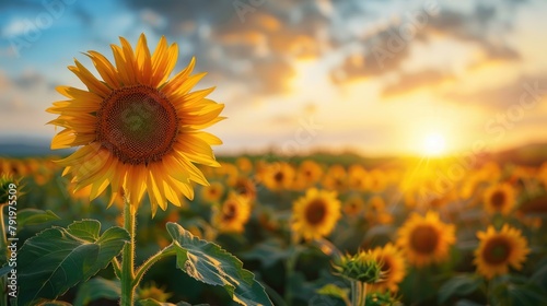 A field of sunflowers  with one sunflower in the foreground. The sunflowers are in bloom and the sun is setting in the background.
