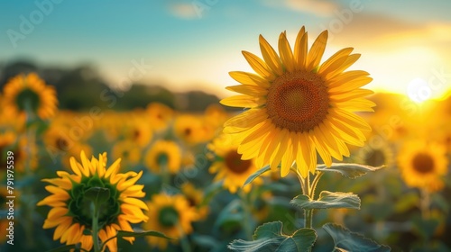 A field of sunflowers  with one sunflower in the foreground and the sun setting in the background.