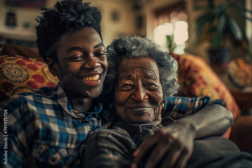 portrait of an African American mother and son embracing each other, family love, old couple portrait of an African American mother and son embracing each other, family love, old couple