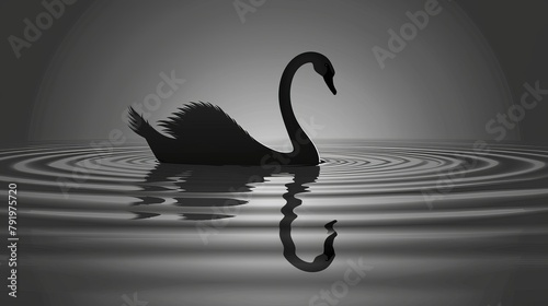 Fototapeta Naklejka Na Ścianę i Meble -    A black swan atop a dark body of water, mirrored by its head's reflection