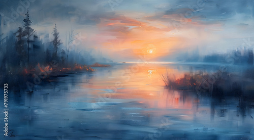 Pastel Sunset Serenity: Oil Painting Featuring Tranquil Landscape in Soft Evening Light