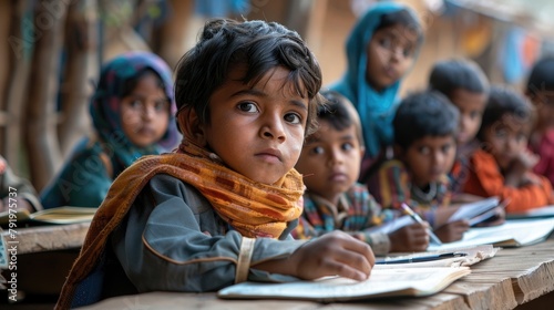 A group of children sitting on a bench in a classroom. The children are all wearing uniforms and are holding books. The teacher is standing at the front of the classroom, facing the children.