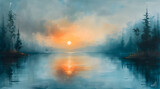 Soft Sunset Tranquility: Oil Painting of Landscape Cast in Warm Evening Glow