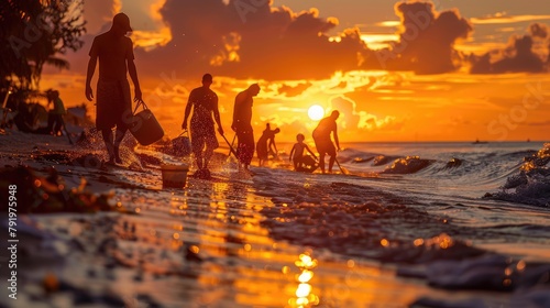 A group of men and woman silhouetted against a setting sun carry buckets as they wade in the shallows of the ocean. photo