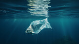A fish swims in the sea with a plastic bag floating on its back