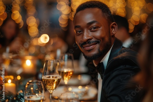 An elegantly dressed man with a goatee, holding a glass of wine at a gala celebration