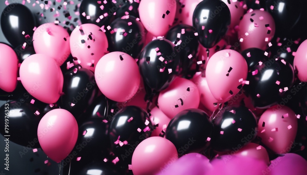 'Luxury black confetti balloons. pink background dark festive balloon generative ai gold celebration christmas party birthday season celebrate new year shiny holid'