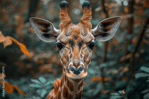 An adorable giraffe portrait with soulful eyes and a calm expression surrounded by a bokeh of lush foliage in a serene setting photo