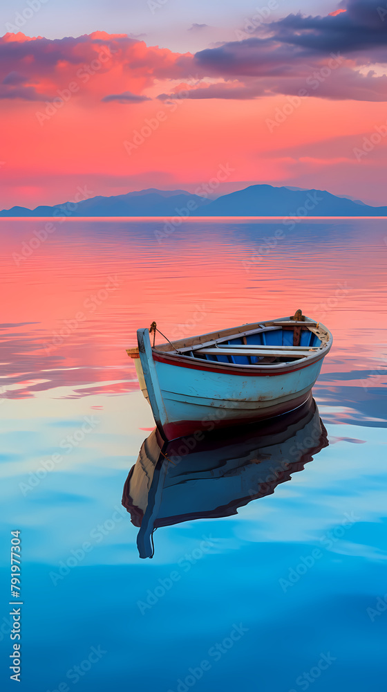 A small wooden boat floats on the calm sea