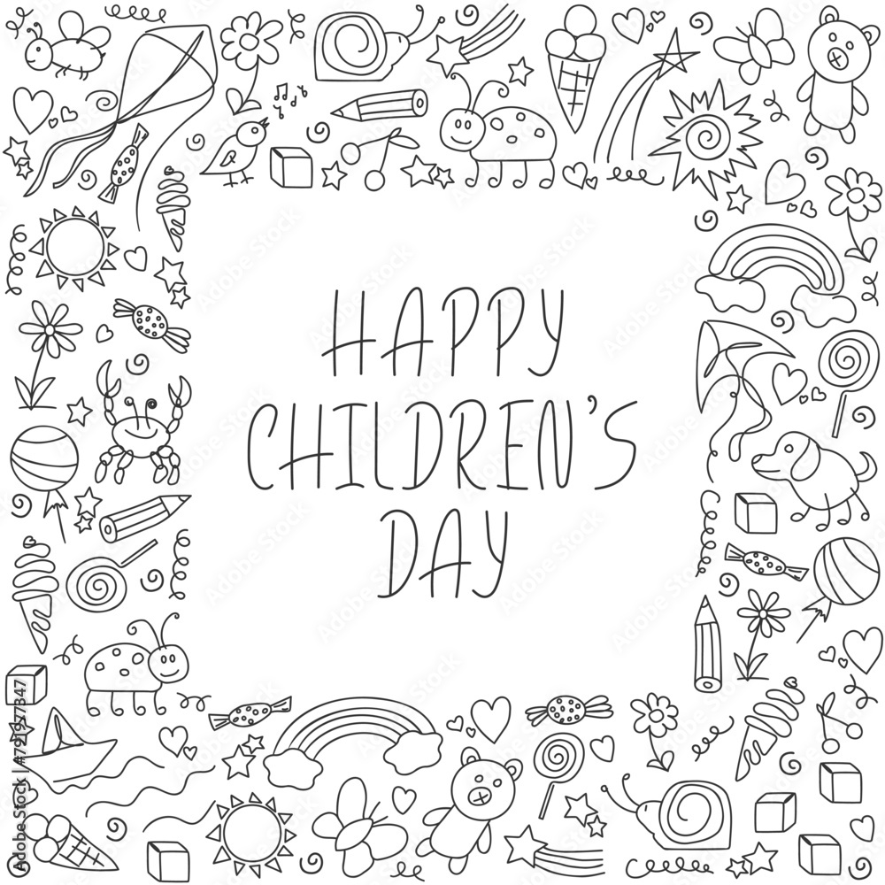 Happy Children's Day funny card. Simple square frame from children's drawings. Black and white template. Doodle outline illustration. Happy childhood concept