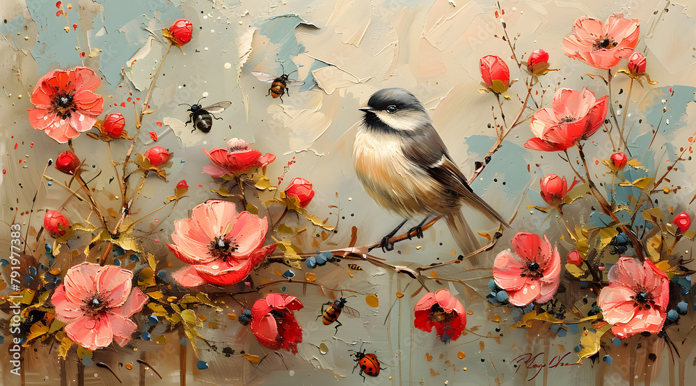 Tranquil Garden Symphony: Oil Painting of Serene Creatures in Vibrant Floral Setting