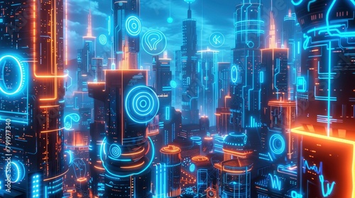 A futuristic cityscape with glowing blue and orange neon lights, featuring digital connections like wires or lines connecting various buildings and skyscrapers