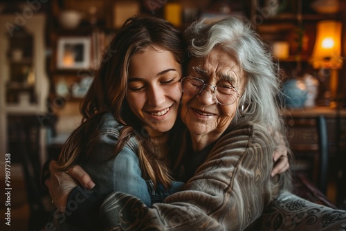 portrait of an American grandmother and granddaughter embracing each other, family love