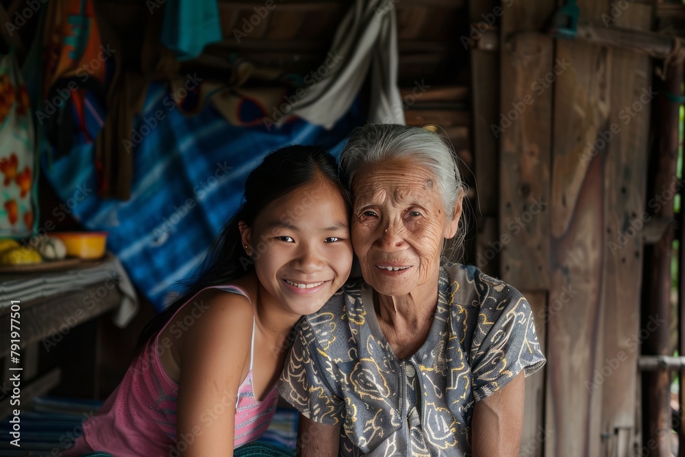 portrait of an South East Asian grandmother and granddaughter embracing each other, family love, old couple