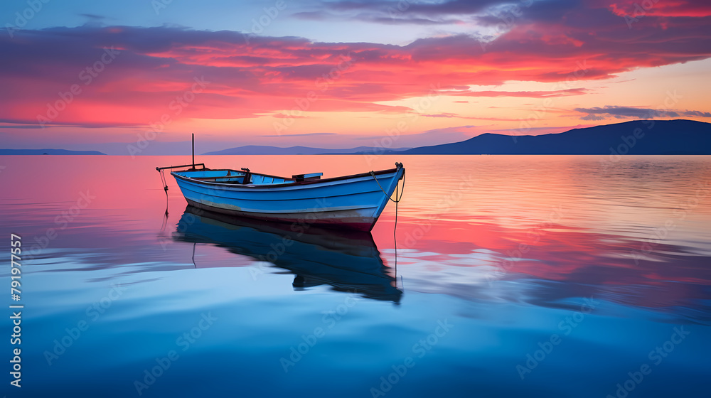 A small wooden boat floats on the calm sea A small wooden boat floats on the calm sea