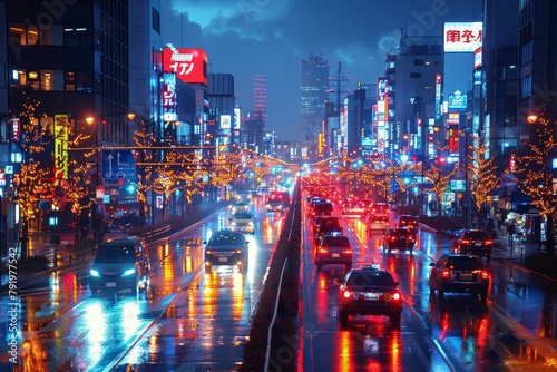 The vibrant cityscape bursts with color as festive lights adorn the bustling streets reflecting the dynamic urban life