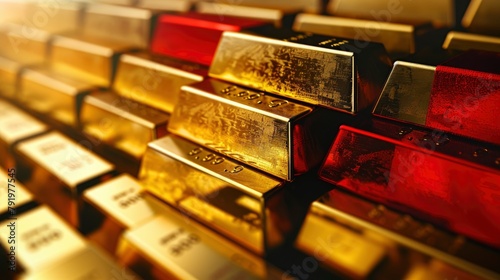 A large stack of gold bars in the colors and design style of Germany's national flag, with no text or letters on any part of the illustration