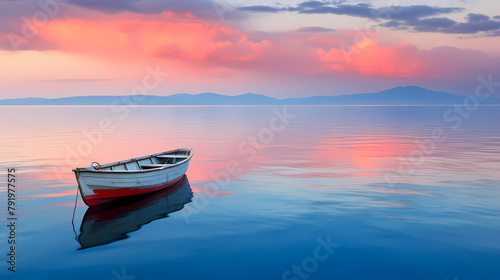 A small wooden boat floats on the calm sea