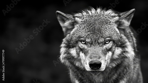 A monochrome image of a wolf gazing into the camera with a sorrowful expression