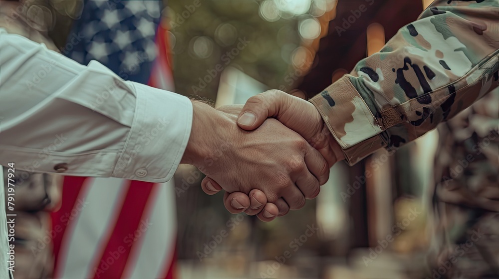 Obraz premium a man and a soldier are shaking hands in front of an american flag