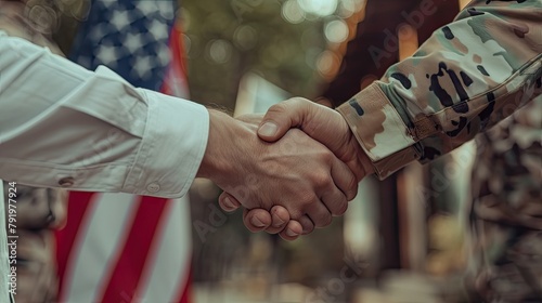 a man and a soldier are shaking hands in front of an american flag © pvl0707