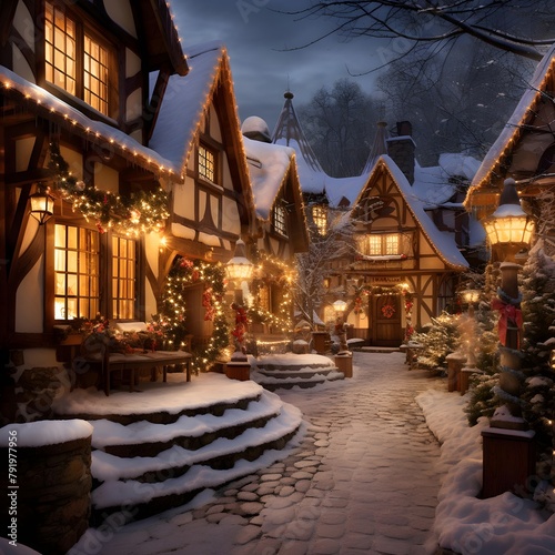 Christmas village in the snow. Christmas and New Year holidays in Europe.