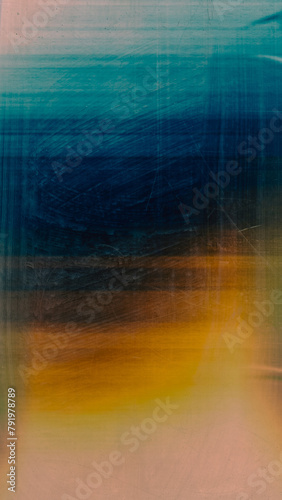 Gradient screen. Color glitch. Yellow blue scratch dust distressed technical overlay messy blotch digital noise graphic artifact abstract background.