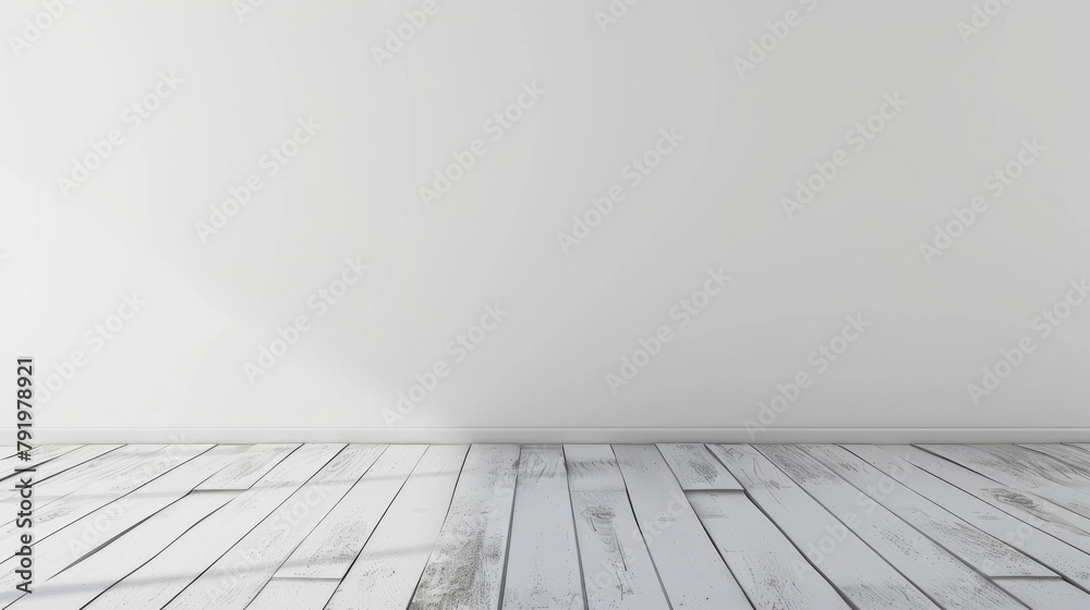 Mock up, realistic illustration of white wall background with sun and shadow and white wooden plank floor, copy space.