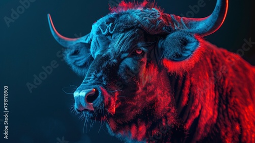 Portrait of a Gaur thinking about the stock market in the style of neon light, red and blue colors, cinematic lighting, photography photo
