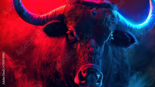 Portrait of a Gaur thinking about the stock market in the style of neon light, red and blue colors, cinematic lighting, photography photo