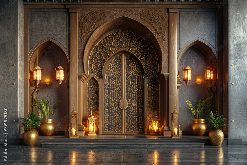 A luxurious Arabic hotel lobby, adorned with golden hues and intricate Islamic patterns, surrounded by lush greenery and adorned with vases of leaves. Created with Ai