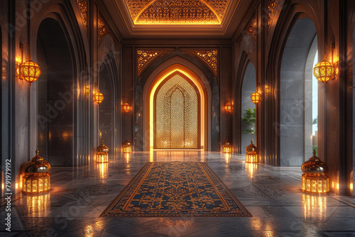 3d wallpaper, Arabic style architecture, gold and silver vases, green plants, arched doorways. Created with Ai