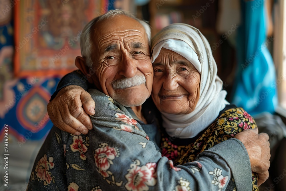 portrait of an Middle Eastern old couple embracing each other, family love, old couple