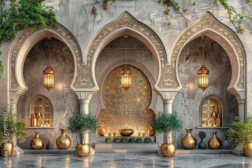 3d wallpaper, luxury arabian style arches with gold accents, arched doorways, lush greenery and plants. Created with Ai © Creative Stock 