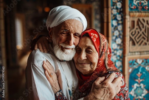  portrait of an Middle Eastern old couple embracing each other, family love, old couple