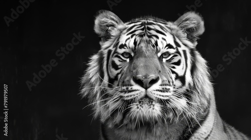  A black-and-white image of a tiger gazing into the camera with a somber expression