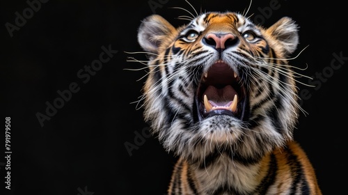   A close-up of a tiger's open mouth, widely displayed photo