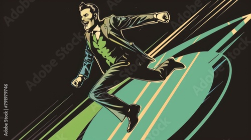 illustration of a green arrow pointing up and right, a happy man in a suit jumping over a circle, in the style of comic books