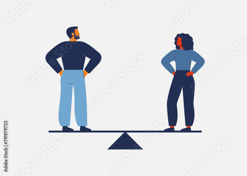 Gender equality and parity in business and society. Man and woman stand on seesaw. Couple balancing on Weight scale. Flat Vector illustration