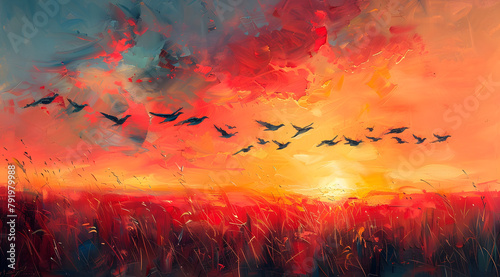 Dynamic Aviary: Oil Painting of Birds in Flight Amidst Wind-Swept Natural Scene