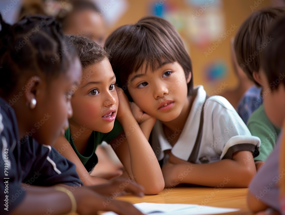 childen working together in a group, students are leaning in and listening to one another intently childen working together in a group, students are leaning in and listening to one another intently